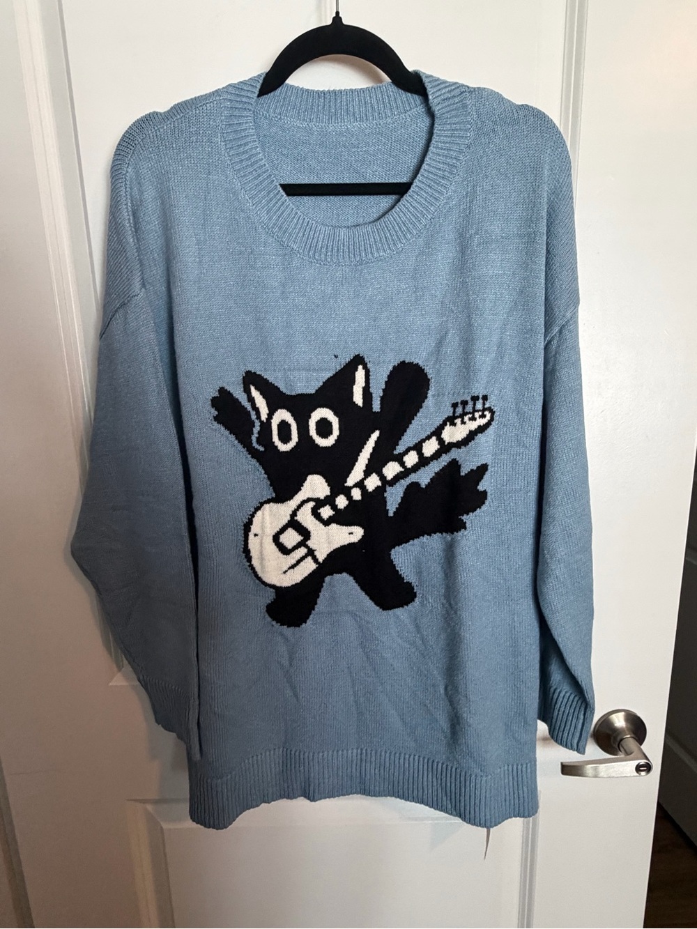 BloomChic Women Light Blue Graphic Knit Sweater with Guitar Cat - 14-16 - NWT